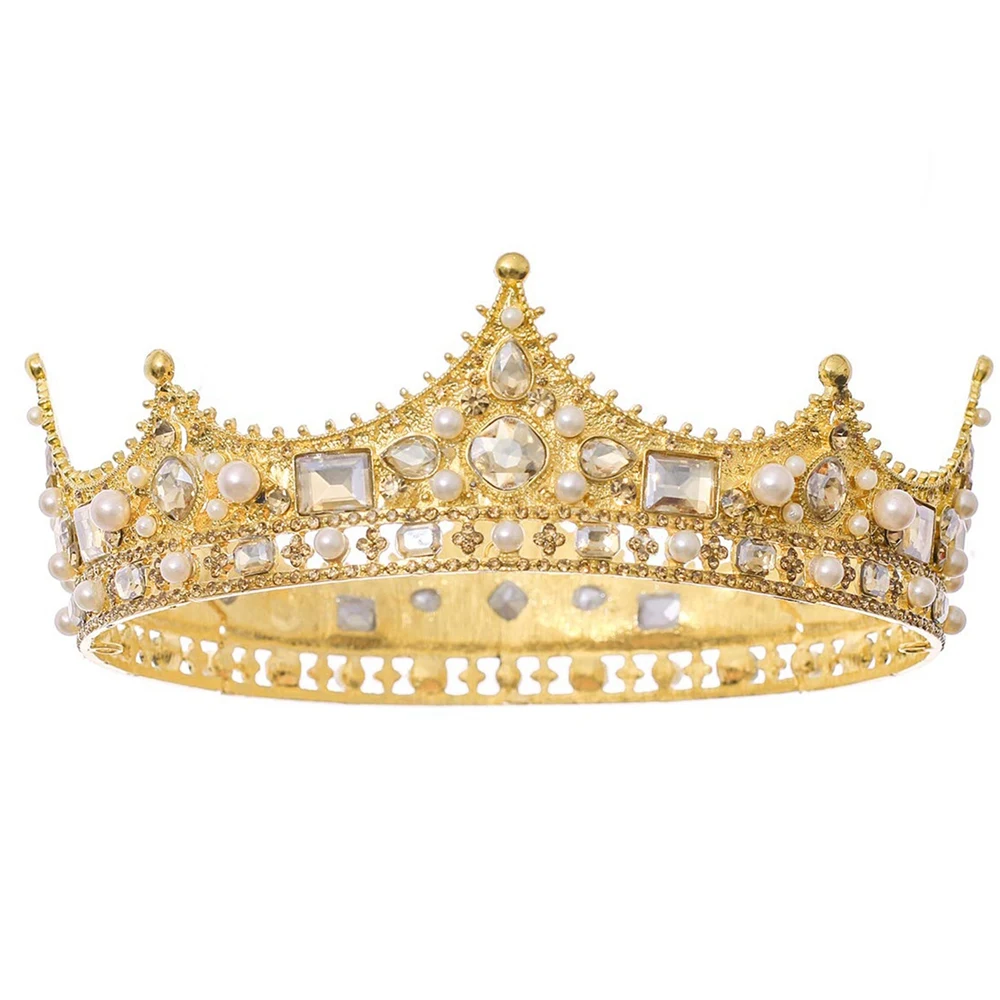 King Crown for Men Costume Accessory Prom Tiara Baroque Vintage Crystal Pearl Bridal Wedding Tiaras(Gold)