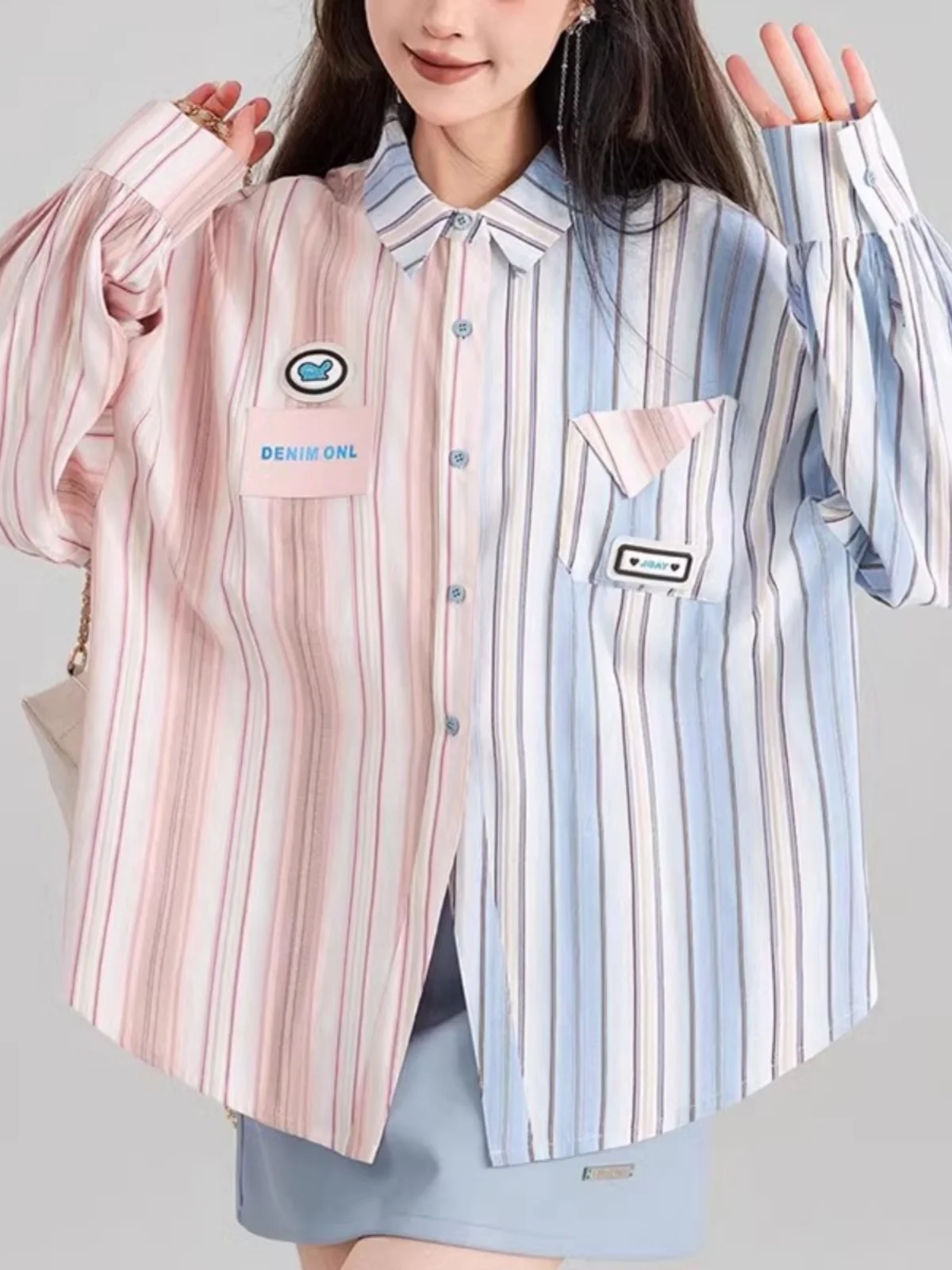 

Loose Casual Striped Color Block Long Sleeve Shirt Women's Spring Autumn Trendy Top Collar Standard Sleeve Length