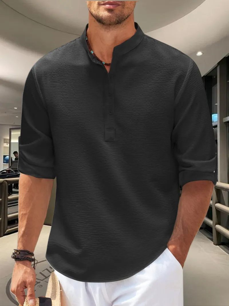 

2026Хлопково-льняные мужские рубашки с длинными рукавами, Лидер продаж, весенне-осенние однотонные рубашки с воротником-стойкой, повседневный пляжный стиль, большие размеры S-5XL