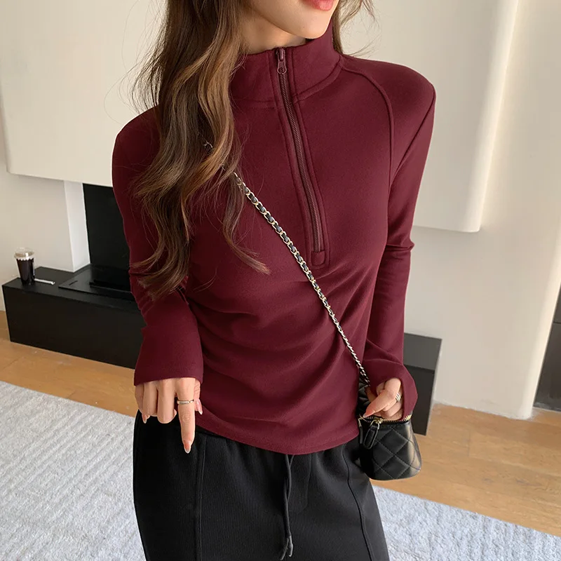 Brushed Half Zipper Pullover Women Autumn Winter Stand Up Collar Sweatshirt Korean Casual Loose Fit Sporty Pullover Tops