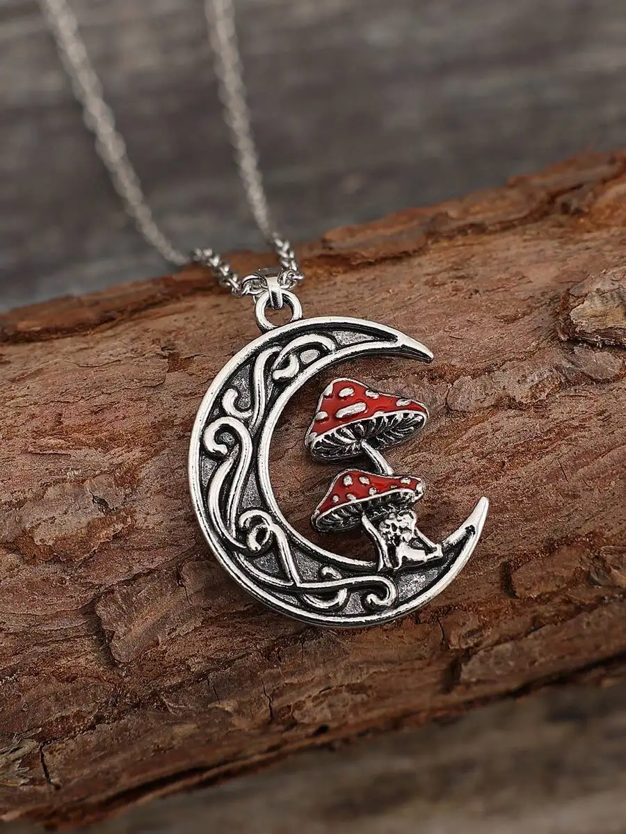 Boho-style zinc alloy mushroom and moon charm necklace for women — elegant gift-ready pendant