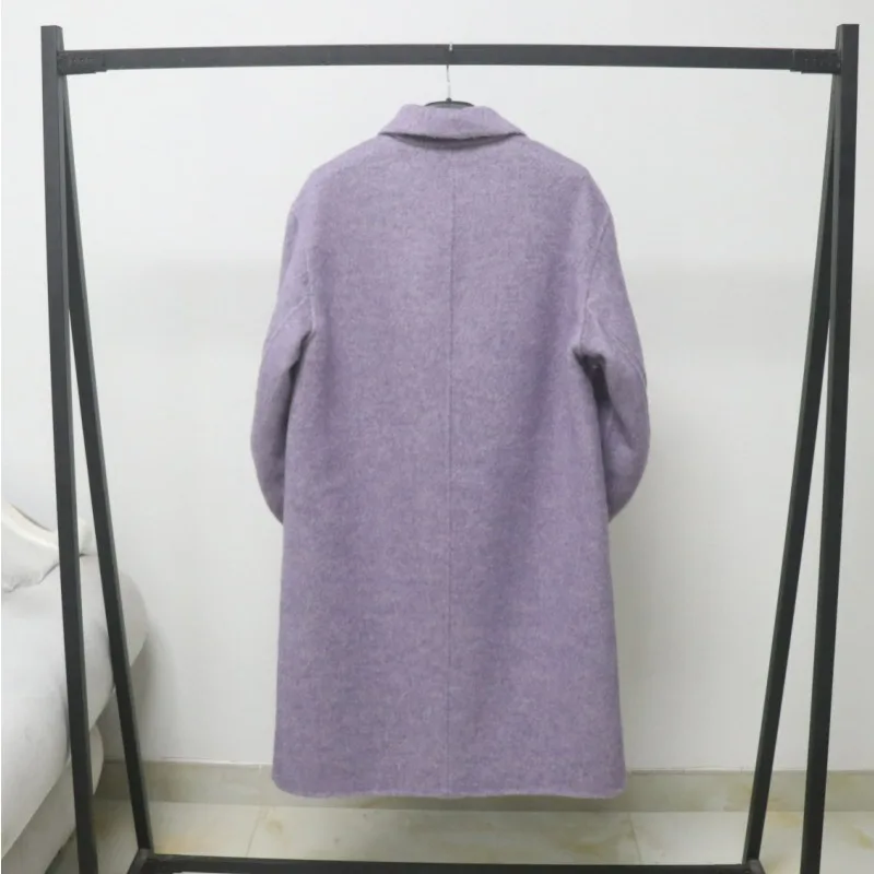 Women's Mid-length Double-sided Wool Coat with A Doll Collar, New Autumn and Winter Style, Purple Single-breasted Wool Jacket