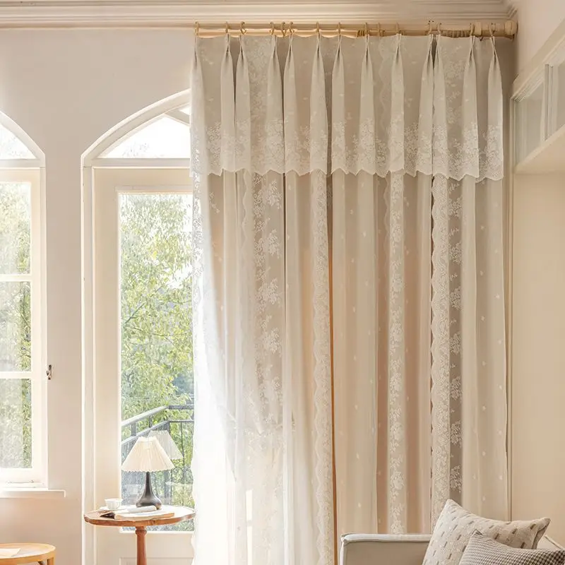 Korean Style Double Layered Rural Curtain Modern Lace Simple Curtain for Living Room Bedroom
