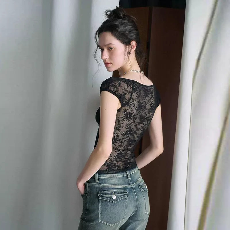 

Summer sexy slim fit spicy girl lace patchwork short sleeved t-shirt for women