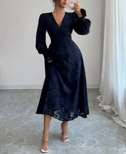 

Autumn Elegant Temperament Style Deep V Lace Long Sleeved Dress for Women Elegant Slim Fit Lantern Sleeves Sheer Patchwork Dress