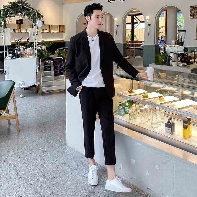 Men's Premium Loose Fit Korean Style Suit Set Trendy Draped Casual Blazer & Trousers Spring Autumn