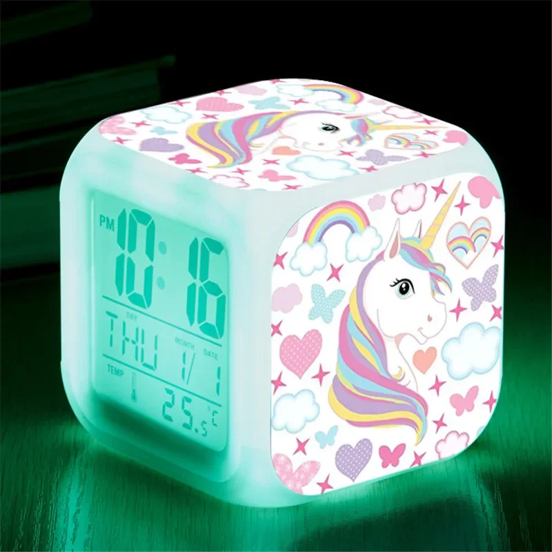 Kinder Eenhoorn Wekker Cartoon 7 Led Night Light Bureau Klokken Datum Temperatuur Despertador Unicornio Kids Verjaardagscadeaus