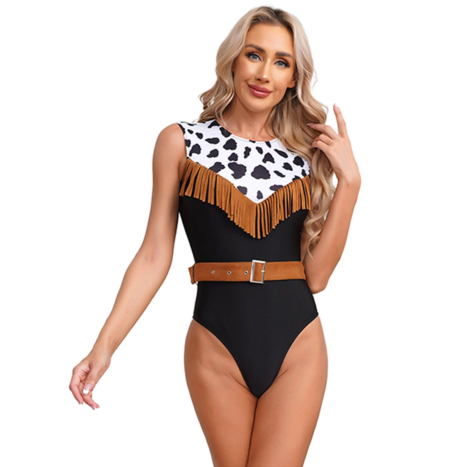 Womens Halloween West Cowgirl Bodysuit with Suede Waist Belt Sleeveless Tassel Print Leotard Prairie Pioneer Cosplay Costume