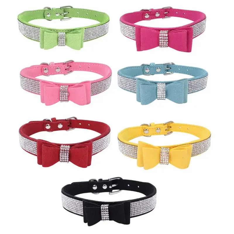 Pet Rhinestones Bow Knot Collar Dog Cat Bling Soft Cute Tie Collar PU Leather Pet Collar Pet Dog Supplies Dog birthday bandana