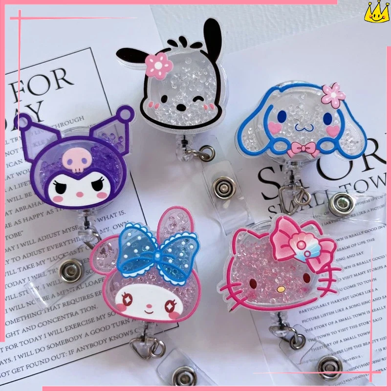 

New Flowing Sand Retractable Badge Clip Hello Kitty Kuromi Nurse Doctor Student Card Brand Work Card Bus Car Telescopic BadgeCli