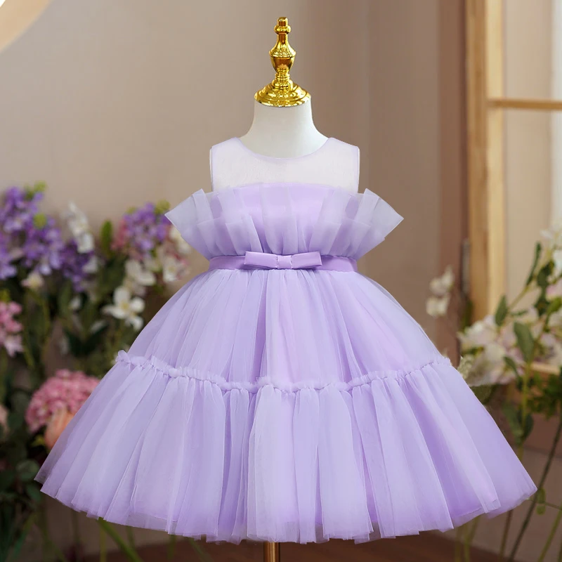 Flower Girl Tulle Dress Off Shoulder Little Girls Special Occasions Formal Dresses Kids Birthday Party Gown Sleeveless A-lined