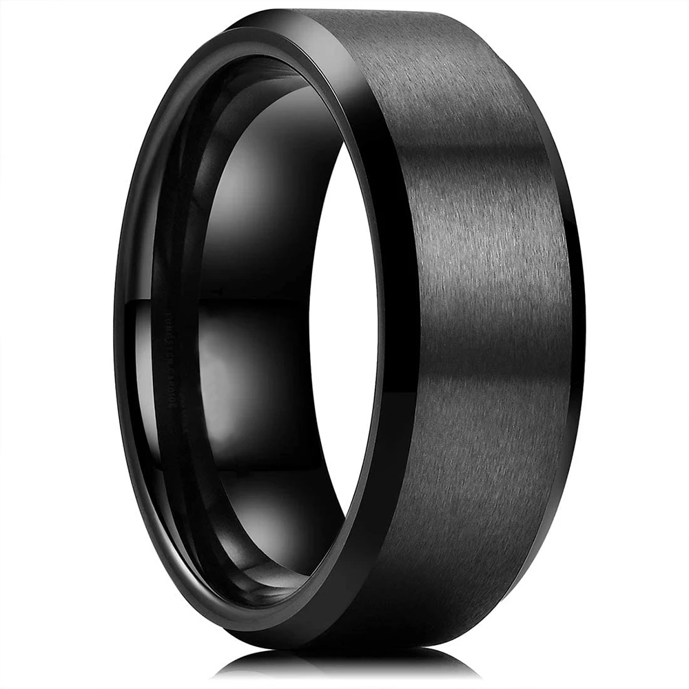 Trendy 8mm Matte Finish Black Tungsten Wedding Men Stainless Steel Rings Black Beveled Edge Carbon Fiber Rings Men Wedding Band