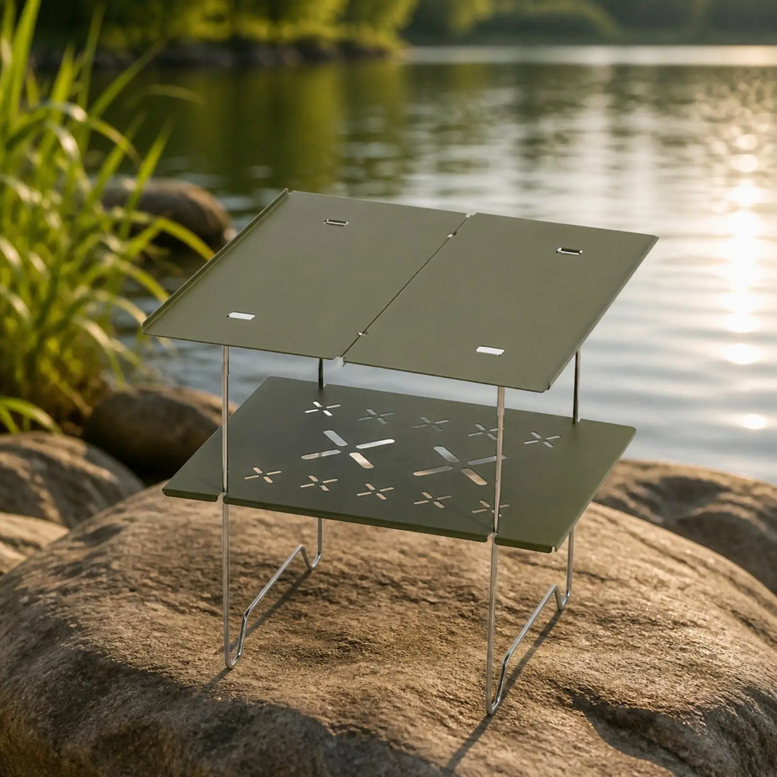 Folding Utility Table with Powder Coated Steel Base for Camping Cookout Backyard Leisure Activities