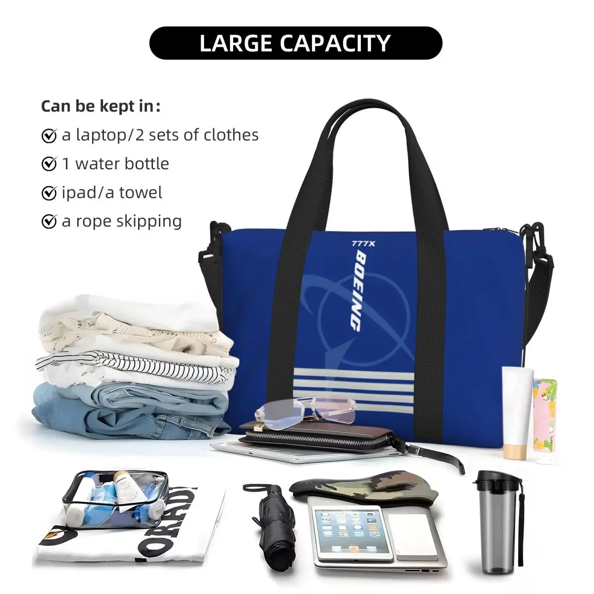 Custom Boeing 777X Captain Stripes Beach Tote Bag Women Aviation Aviator Flight Pilot Big Compartment Gym Beach Travel Bags