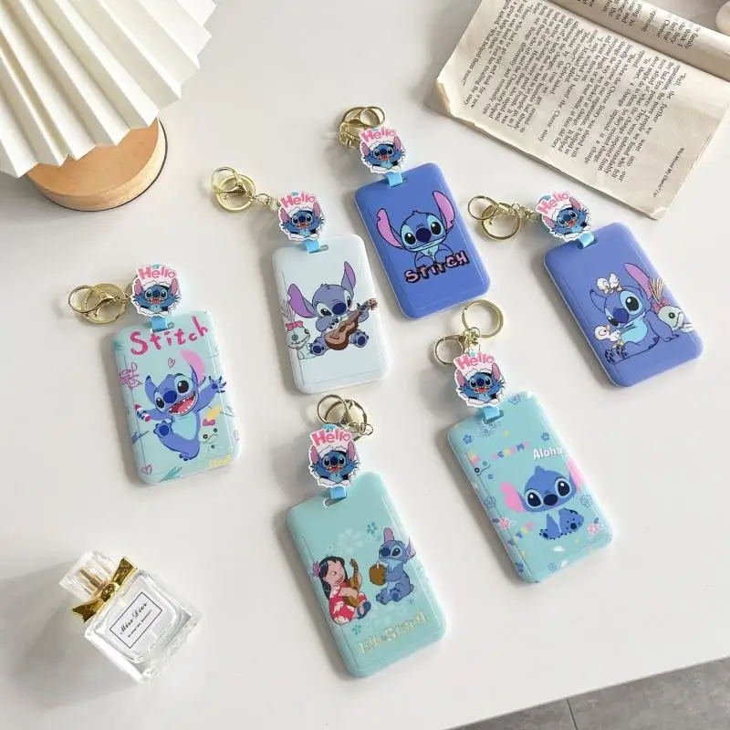 Kawaii Disney Stitch Card Holders Keychain Pendant Id Card Door Badge Card Case Sliding Telescopic Anti-Loss Cartoon Girls Gift