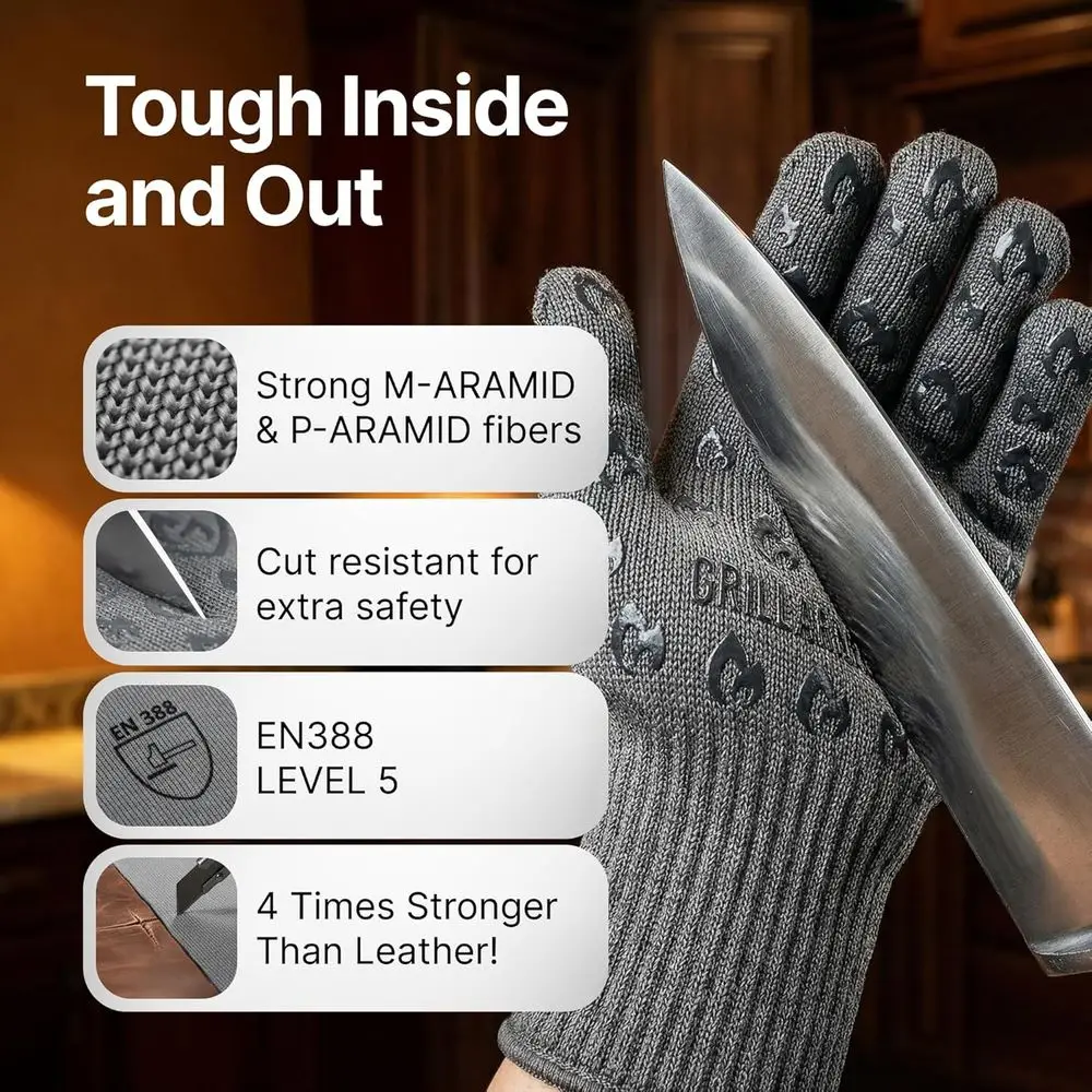 Oven Gloves with Fingers - 932° Extreme Heat Proof and Cut Resistant Mitts for Kitchen, BBQ, Grill, Bbq, Fire Pit - EN407 Certif