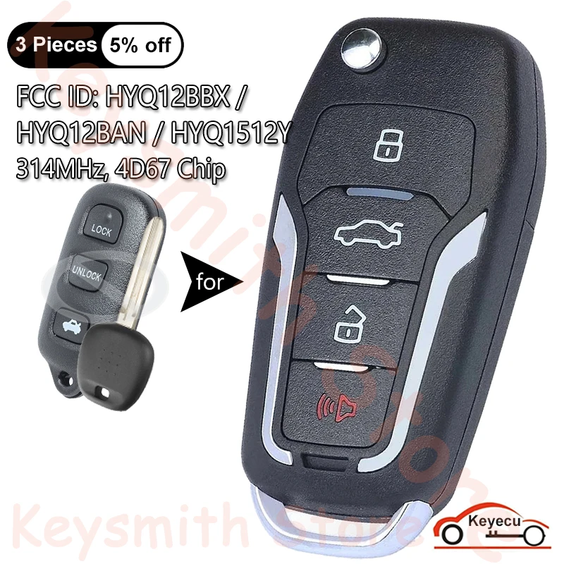 KEYECU 4 pulsanti 314MHz 4 d67 Chip per Toyota 4runner 2003-2009 Sequoia 2003-2008 aggiornato Flip Remote Key Fob HYQ12BBX HYQ12BAN