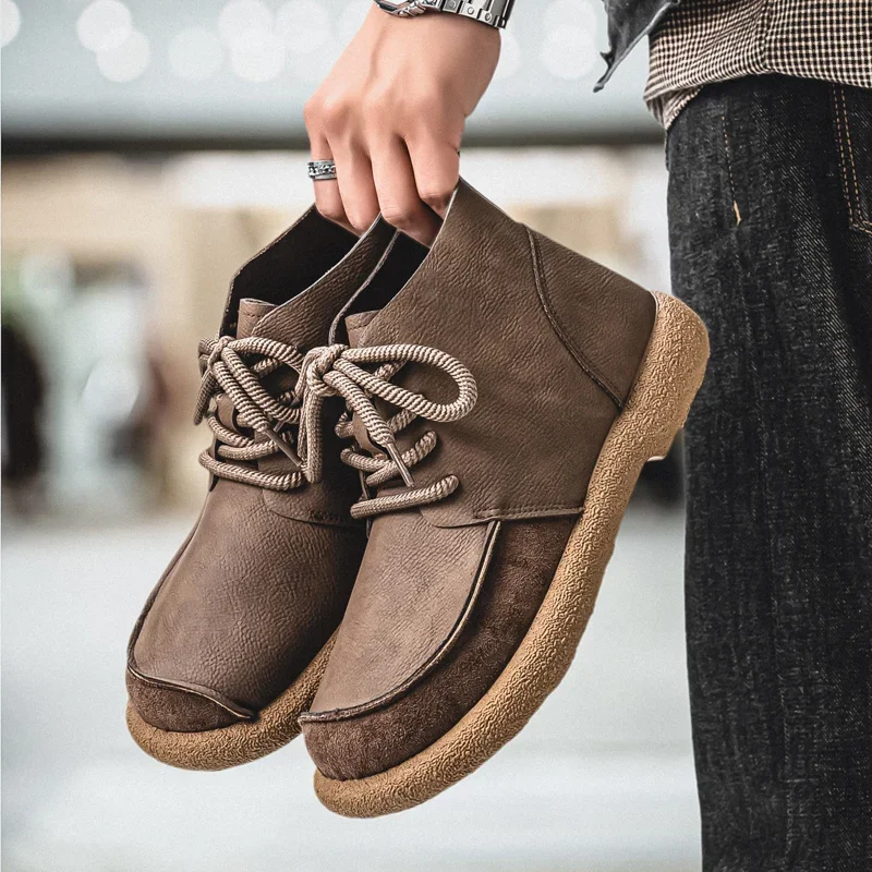 

Модные мужские кожаные ботинки в британском стиле, ретро-кроссовки для повседневной носки, высокие рабочие ботинки для активного отдыха, мягкие удобные ботинки с широким носком для ходьбы босиком