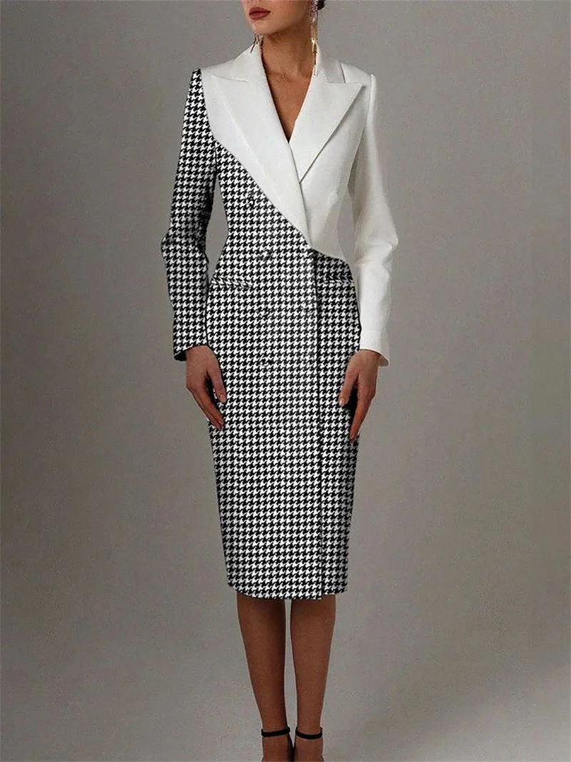 Formal Houndstooth Women Suit Long Blazer Prom Dress Splicing Color Office Double Breasted Evening Gown Customize Jacket Coat