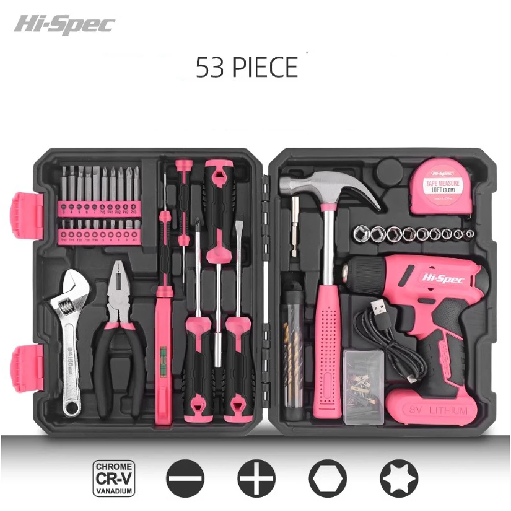 

Hi-Spec 92PCS Home Tool Box Set Household Pink Multi-function Hand Repairing Tool Kit Hammer Drill Screw Tape Measure Home Tool