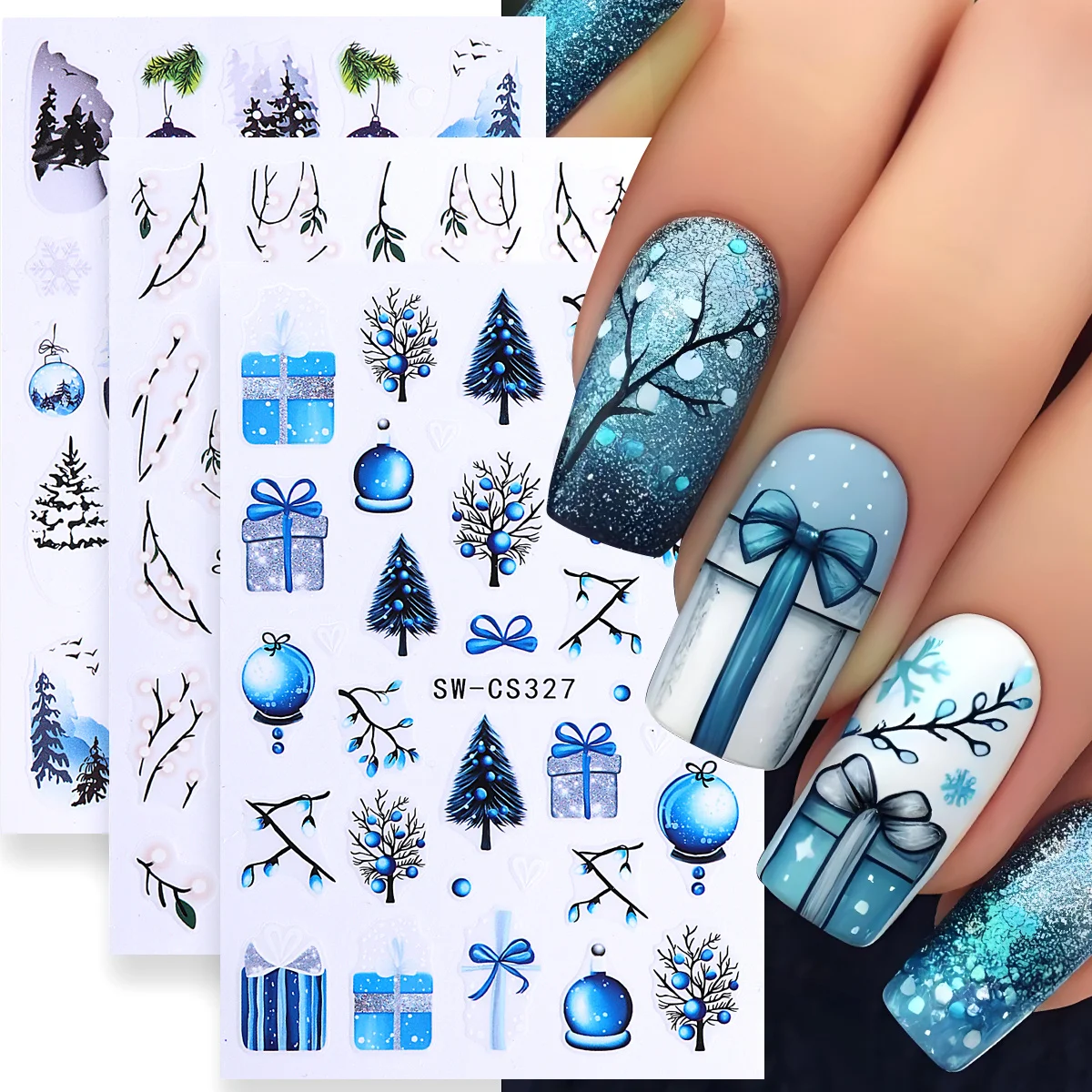 3 Stück blaue Winter-Nagelkunst-Aufkleber, Weihnachtsbaum, Geschenk, bunte Kugel, Wald-Design, Aufkleber, DIY, verschneite Weihnachten, Urlaub, Maniküre-Zubehör