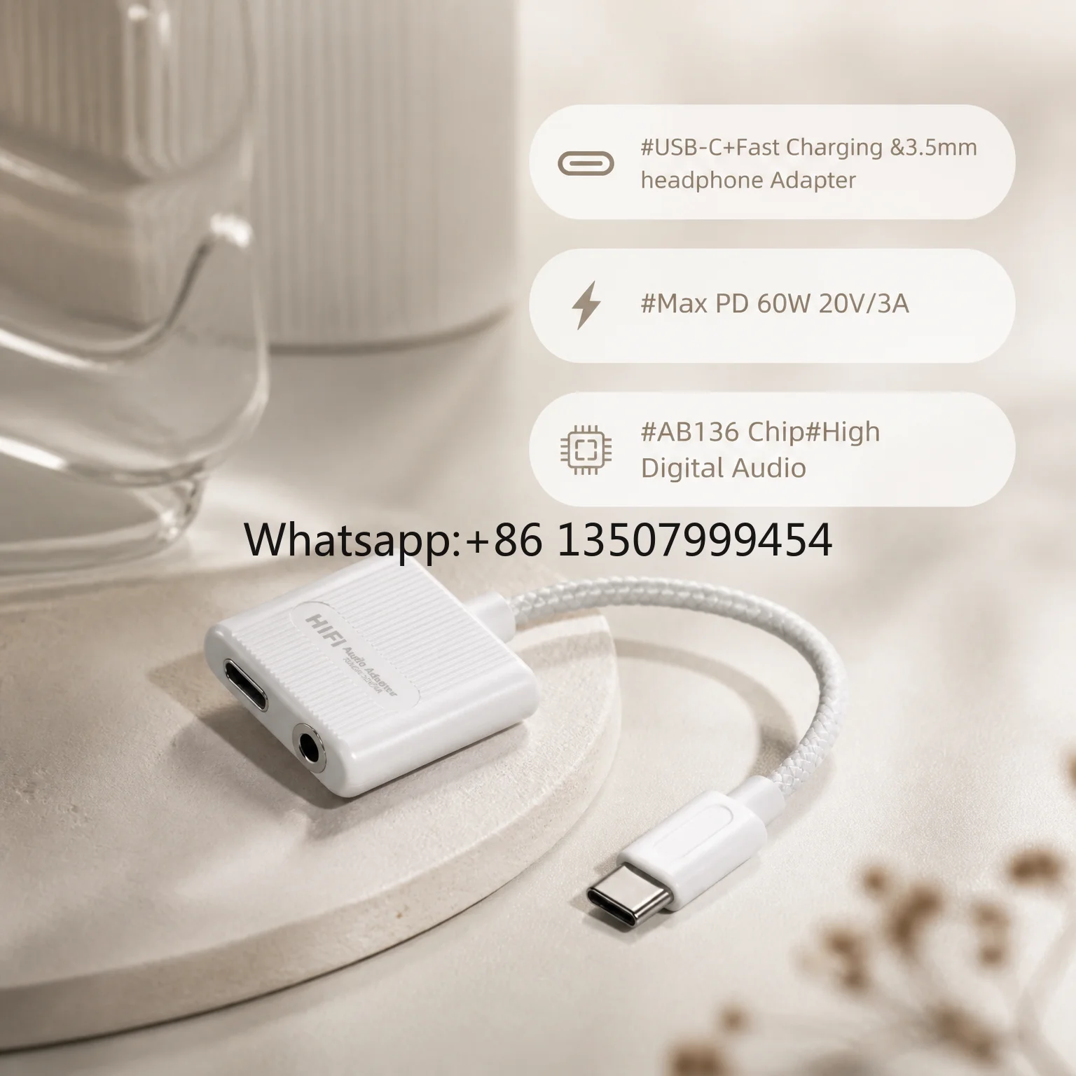 

Custom PD60W 20V 3A Fast Charging Adapter USB-C Male to Type-C Female 3.5mm Earphone Audio Connector Cable with AB136 Chip