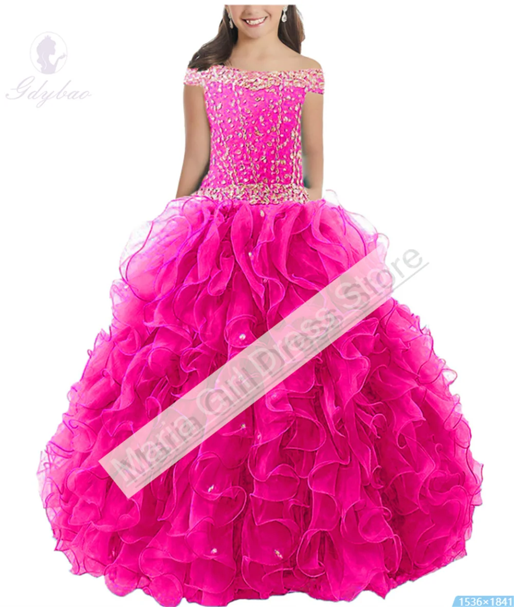 Vestido rosa elegante de flores para niña, vestido de primera comunión con volantes y cuentas de cristal para fiesta de graduación, desfile para niños