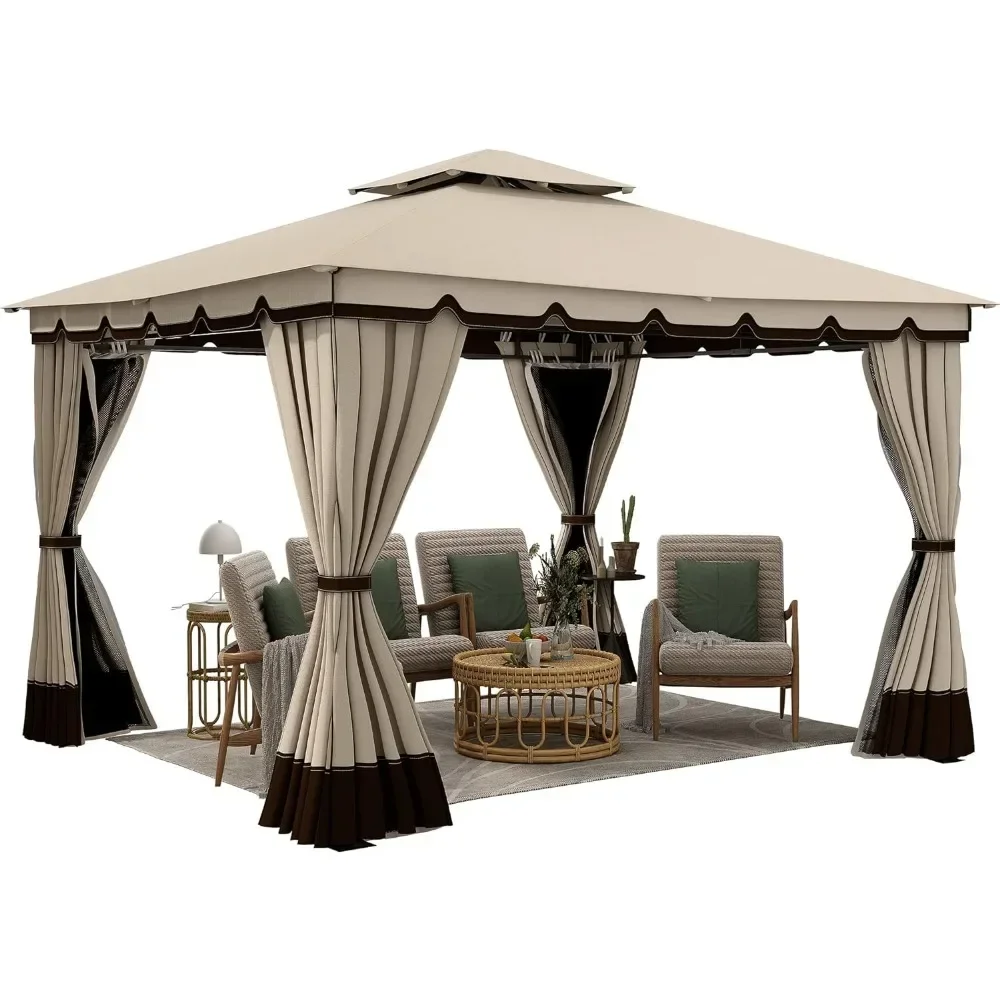 %a 10x12ft Gazebo with Netting & Curtains, for Patios Outdoor Double Roof Canopy Gazebos, Backyard and Deck, Gazebo