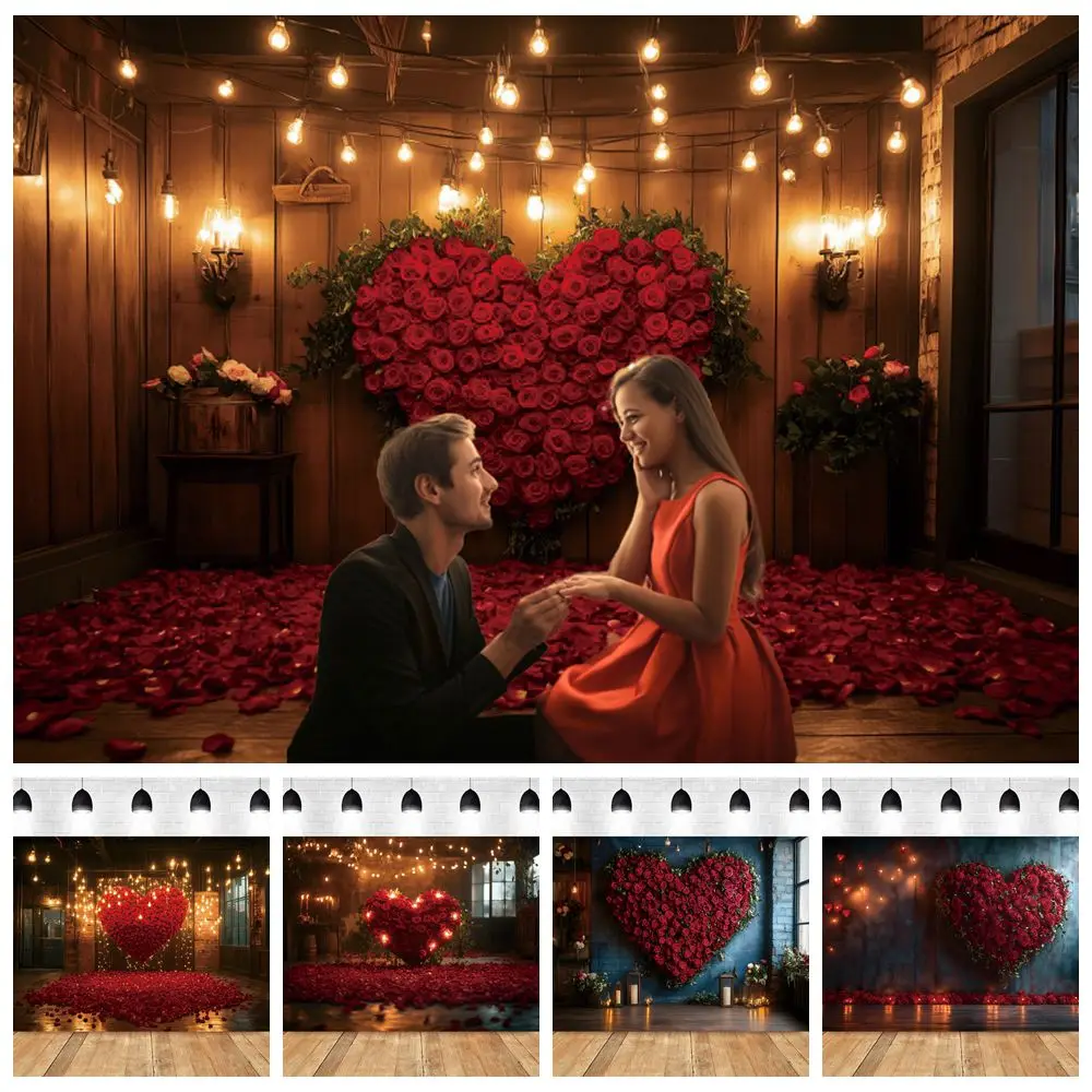 

Valentine's Day Backdrop Glitter Light Big Red Rose Love Heart Interior Propose Wedding Photography Background Decor Photostudio