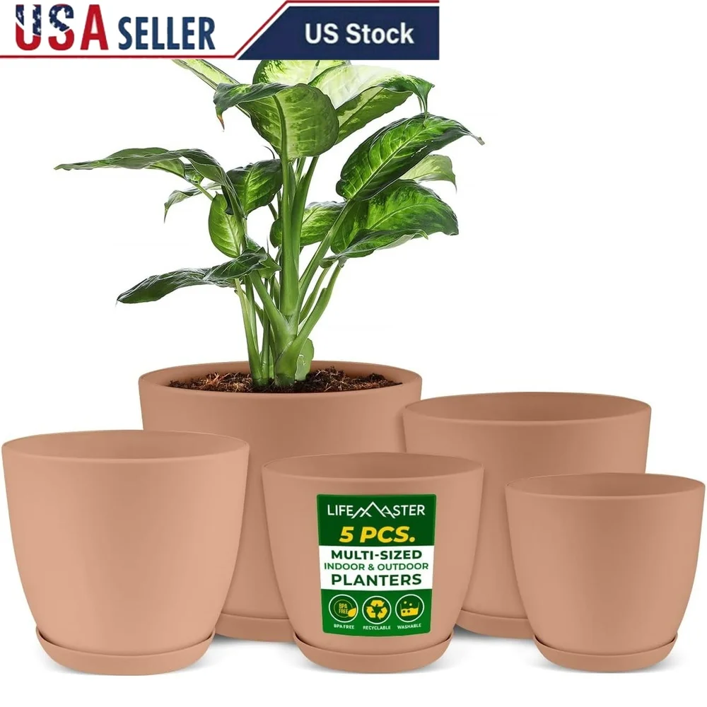 

5-Piece Pink Planter Pots Durable Lightweight Stackable Design Indoor Outdoor Use Excellent Drainage Aeration Space-Saving