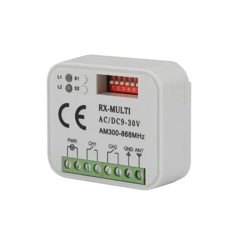 New RX Multi Frequency 300-900MHz Garage Door Receiver 2CH Relay For 433.92MHz 315 433 868 390 MHz Remote Control Transmitter