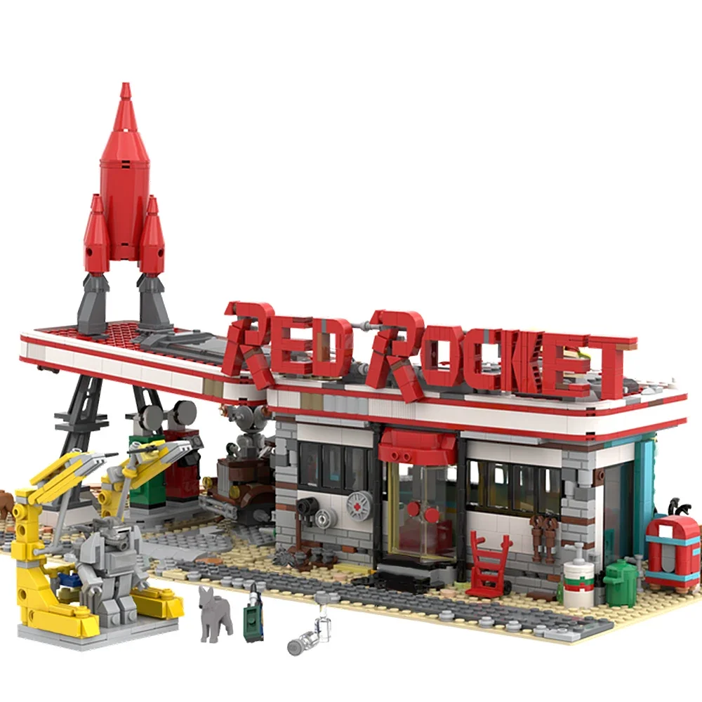 MOC City Hot Street View Space Launch Modular Red Rocket Gas Station ideas creativas para niños, juguete de ladrillos, regalo de cumpleaños