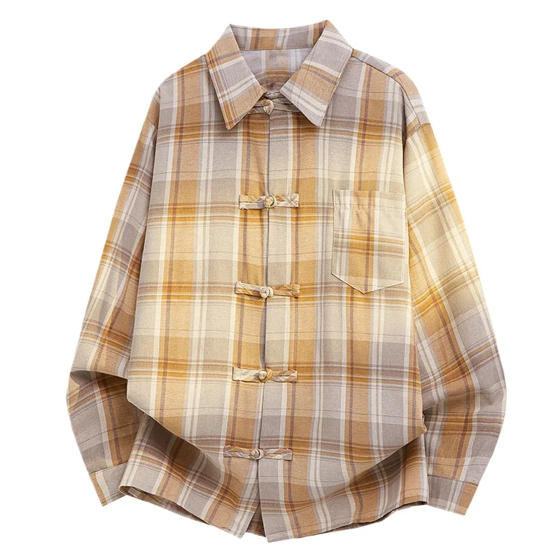 Camisas Xadrez Estilo Tradicional Chinês para Homens, Cardigã Solto, Camisa Masculina Vintage com Fivela de Placa, Camisa Casual de Designer