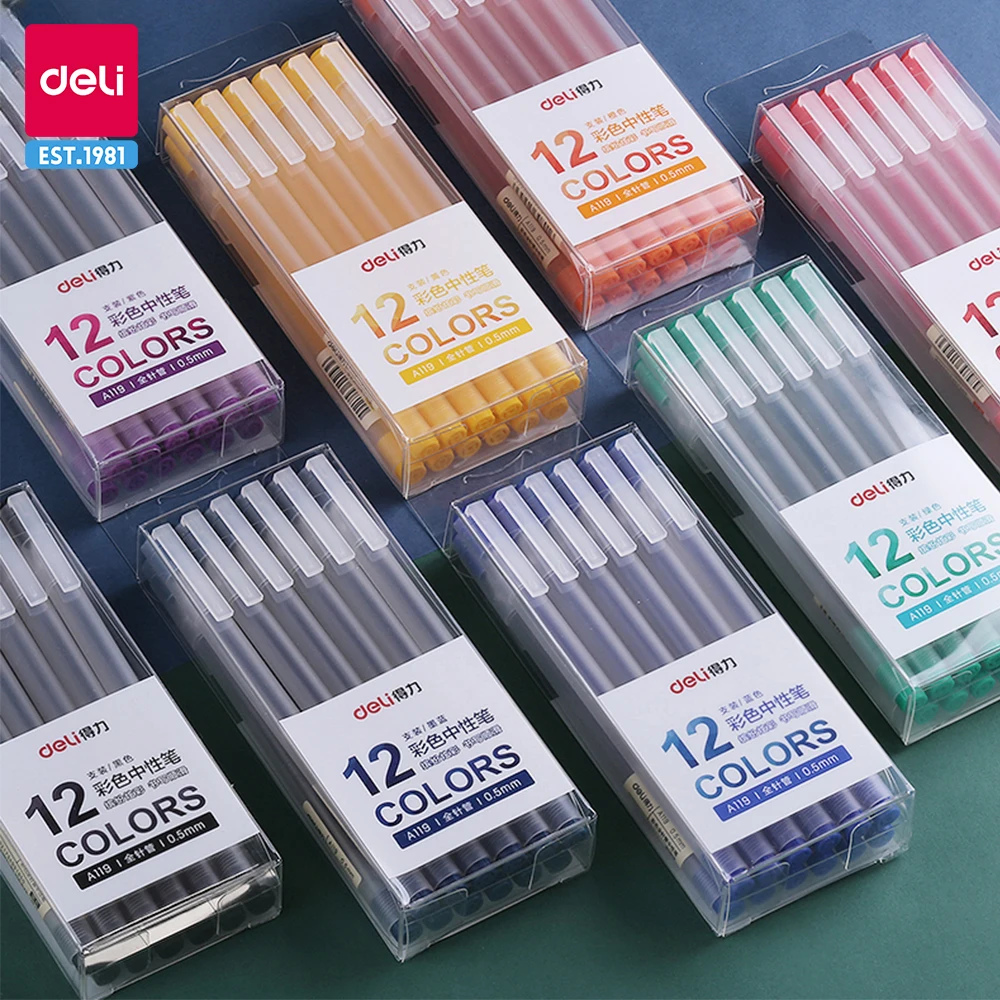 Deli Water-Based Gel Pen Set, Canetas Escolares, Papelaria, Escrita, Ferramentas de Pintura, Tinta Colorida, Suprimentos Estudante, 12Pcs, Conjunto, 0,5mm