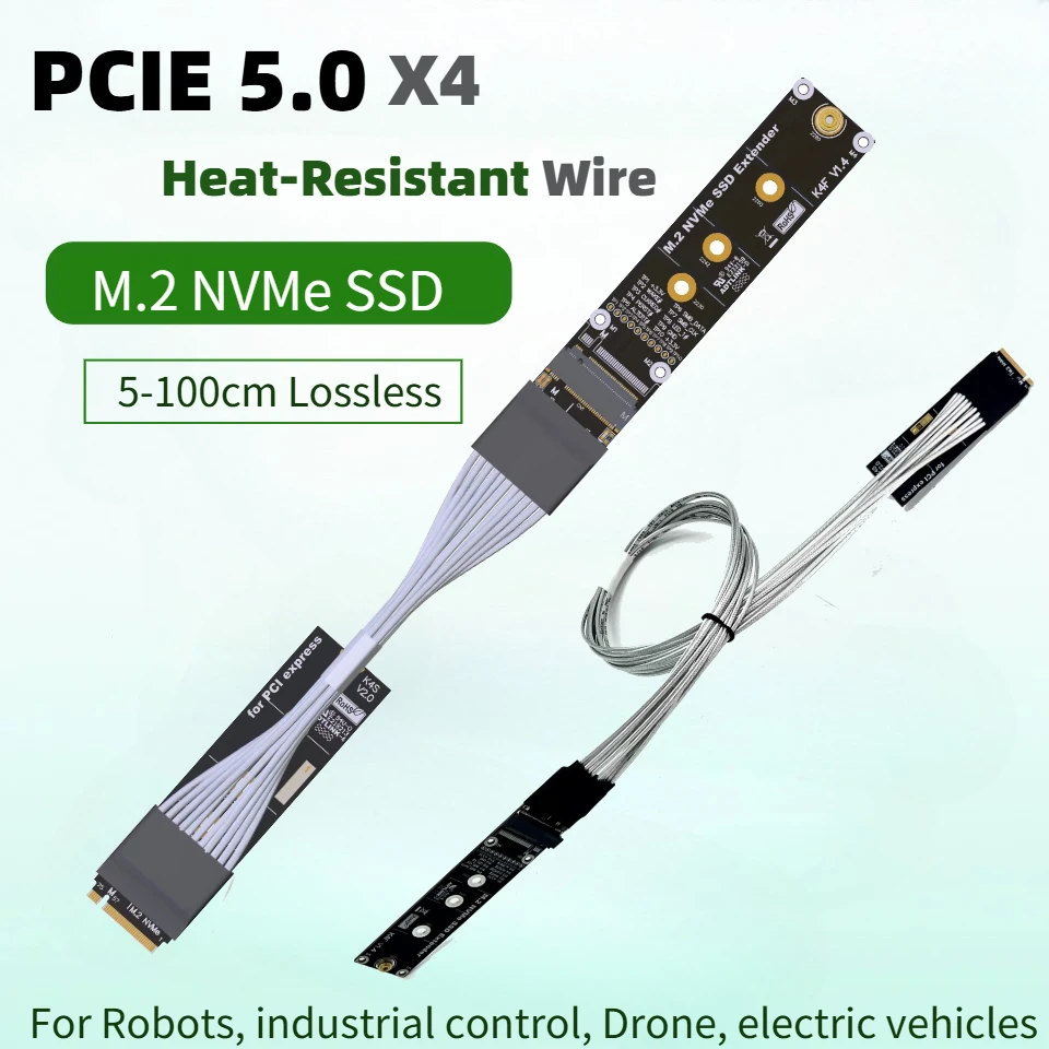 5-100CM Lossless PCI-E 5.0 M.2 NVMe SSD Hard Disk Extension Cable M.2 NVMe 2280 22110 GEN5 Heat-Resistant Silver Wire For Drones