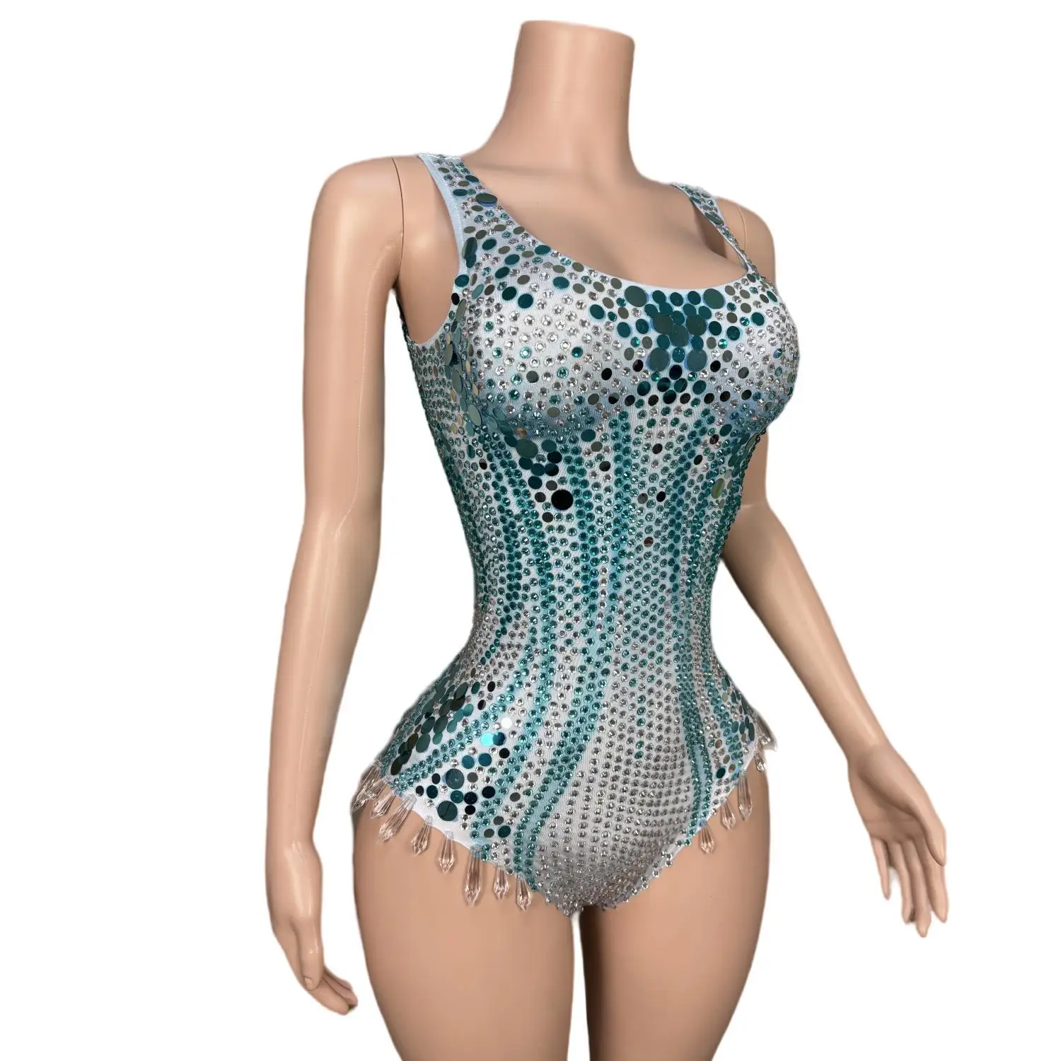 Macacões Elásticos Crystal Sequins para Mulheres, Club Party, Ginástica, Bailarina Collant, Cantora, Bodysuits, Showgirl Performance Wear, Moda