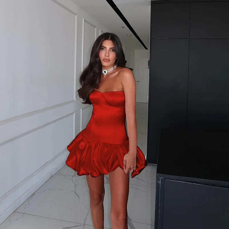 SKMY 신상 패션 솔리드 컬러 스트랩리스 핑크 드레스 우아한 이브닝 파티 루슈 A라인 미니 드레스 여성 의류 2025 여름