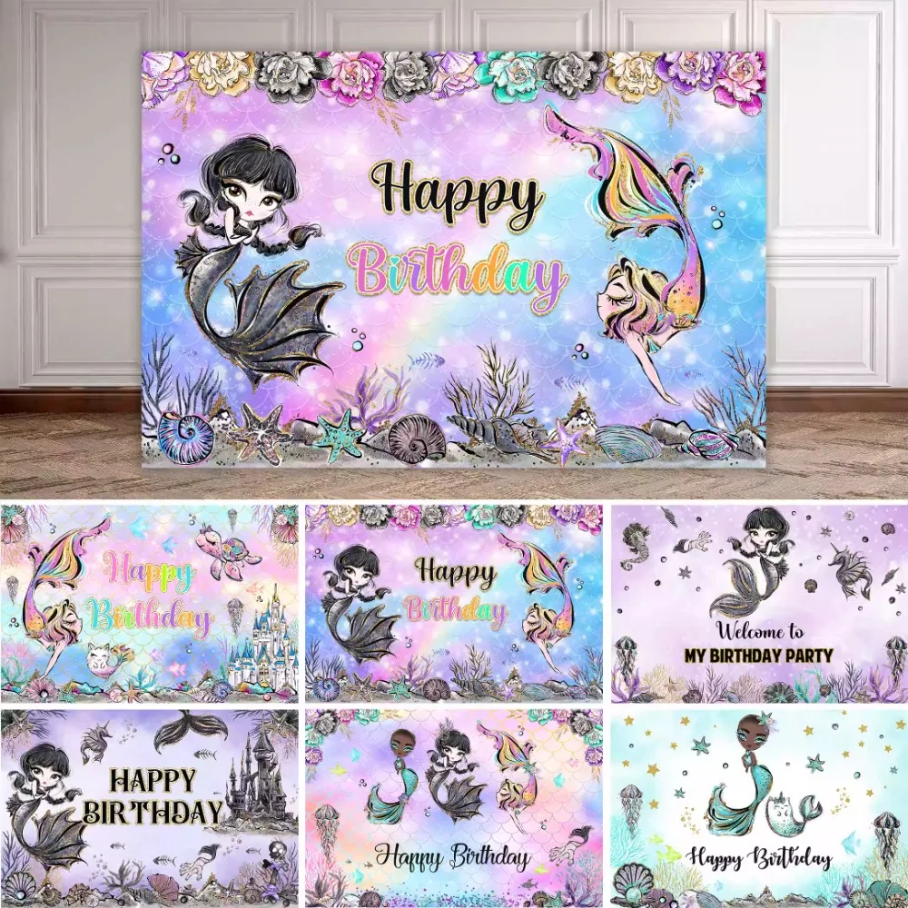 

Mermaid Birthday Backdrop Girl Princess Under The Sea Scale Shell Tail Baby Birthday Party Mermaid Photography Background Decor