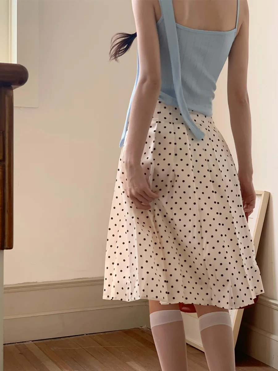 

Liparpa Heartbeat Polka Dot Retro Print Satin Pleated A-Line Midi Skirt Summer Casual mid Waist Polyester Geometric High Waist