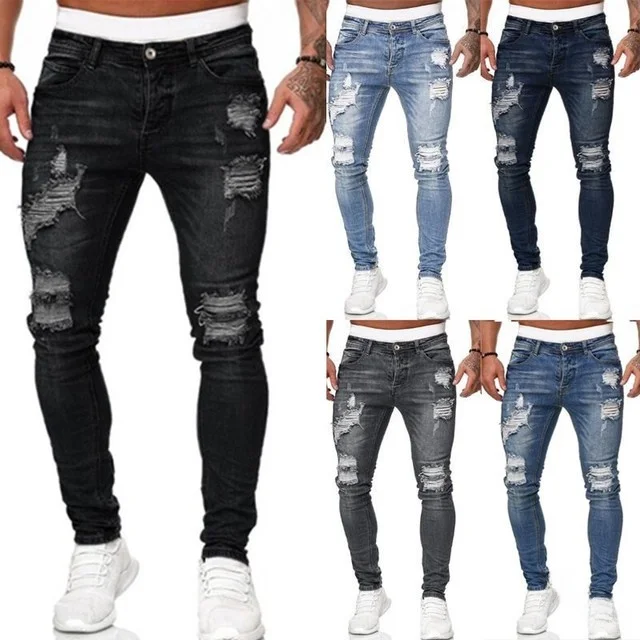 

Men's High Waist Cotton Stretch Denim Ripped Jogger Pants Youthful Vitality Style All-Season Casual Slim Fit Long Trousers