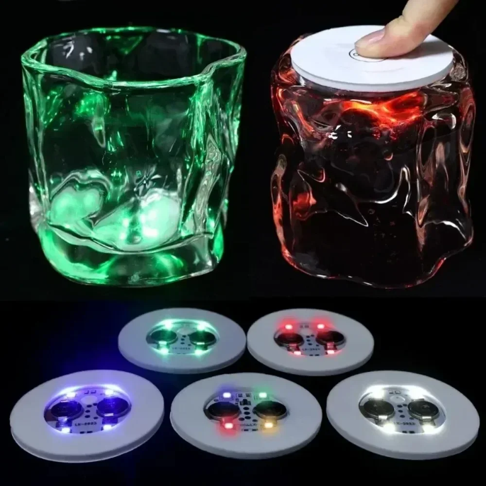 Luminous LED Flash Coaster Garrafa Adesivos, copo de vinho Mats Lâmpada, Ktv Bar, festa de casamento, Cocktail Drink Copos, vaso Decoração Luz, 5 pcs, 50pcs