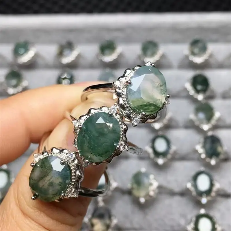 

S925 Natural Facet Moss Agate Adjustable Size Ring Aura Jewelry Trendy Creative Women Party Fashion Holiday Gift 1PCS