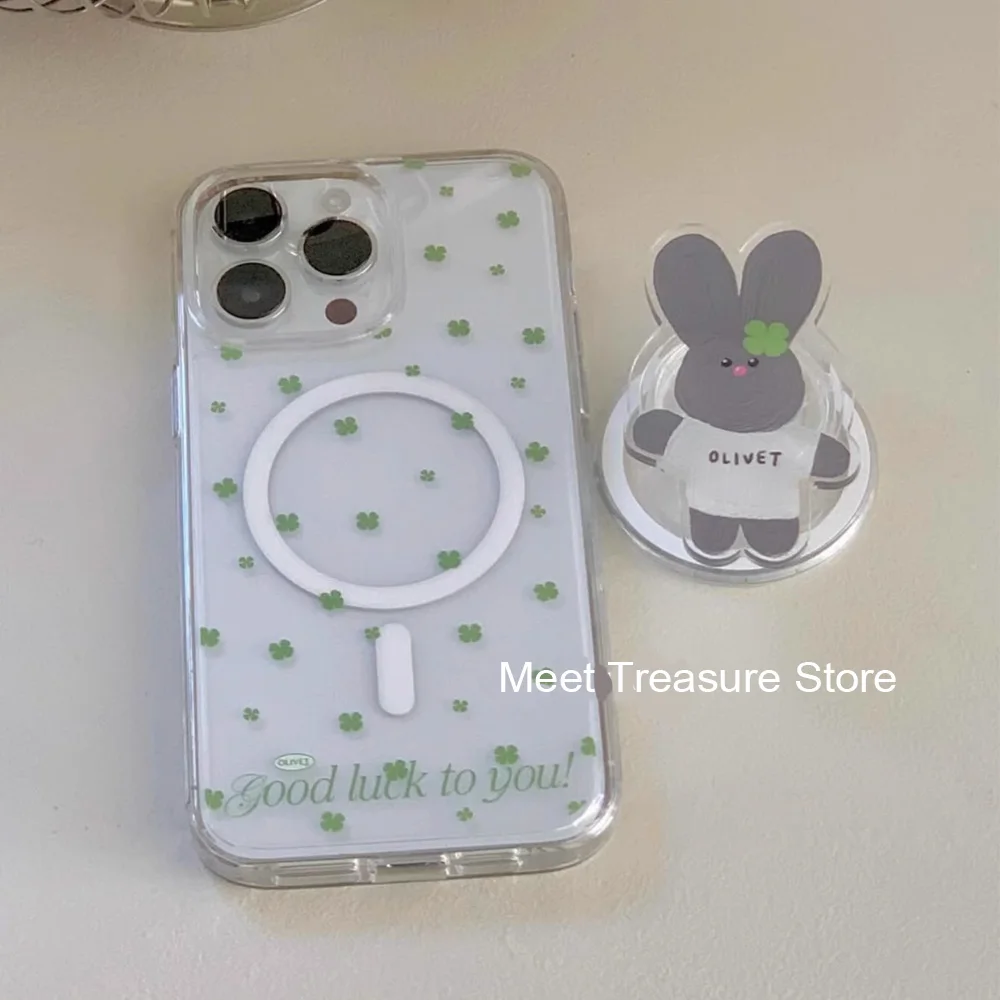 Korean Ins Four Leaf Clover Rabbit Good Luck MagSafe Phone Case For iPhone 16 15 14 13 12 11 Pro Max Plus MINI Y2K Cute Cover