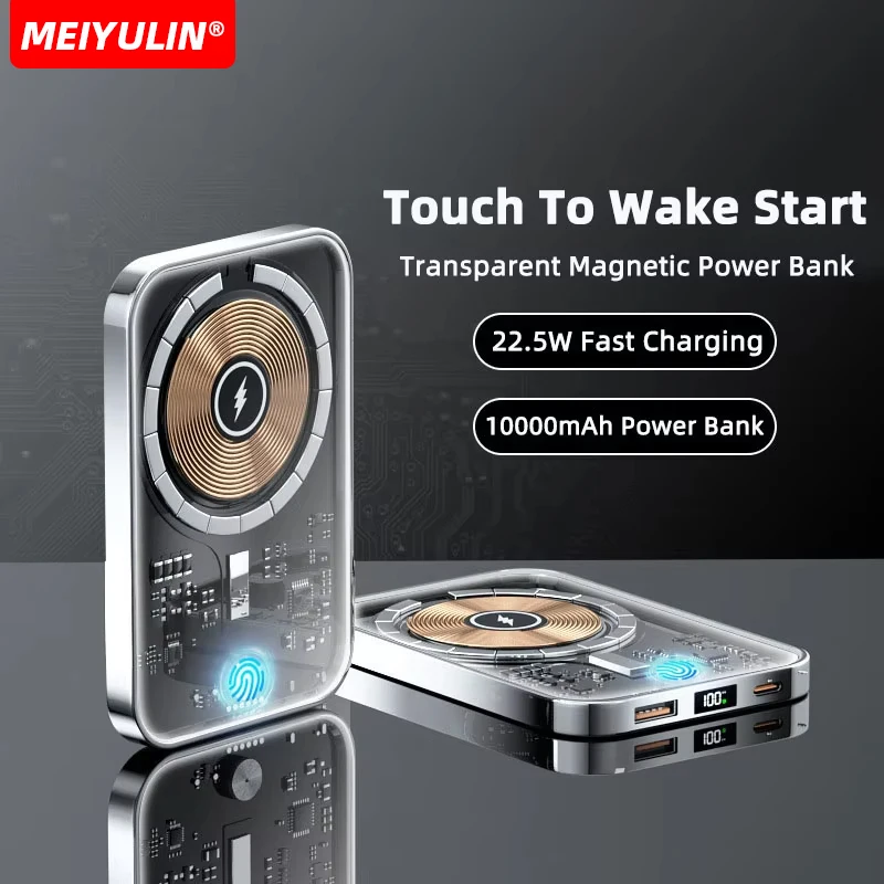 10000mAh Transparent Magnetic Wireless Power Bank Portable External Auxiliary Battery 22.5W Fast Charger for iPhone 15 16 Xiaomi