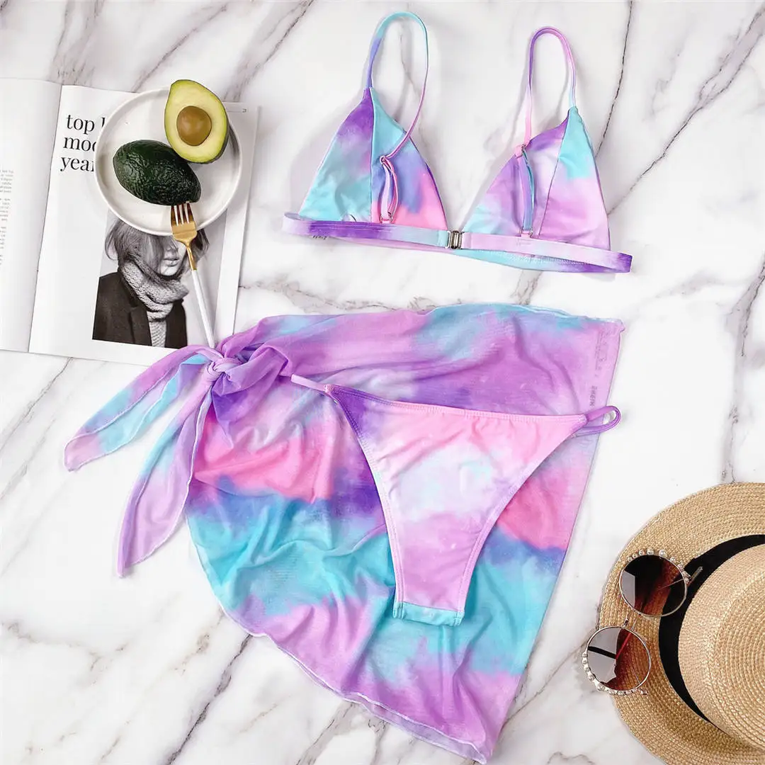 Neuer, sexy, batikfarbener Bikini mit Sarong, Damen-Badeanzug, dreiteiliges Bikini-Set, Badebekleidung, Badeanzug für Damen, V2888. – Detail 11