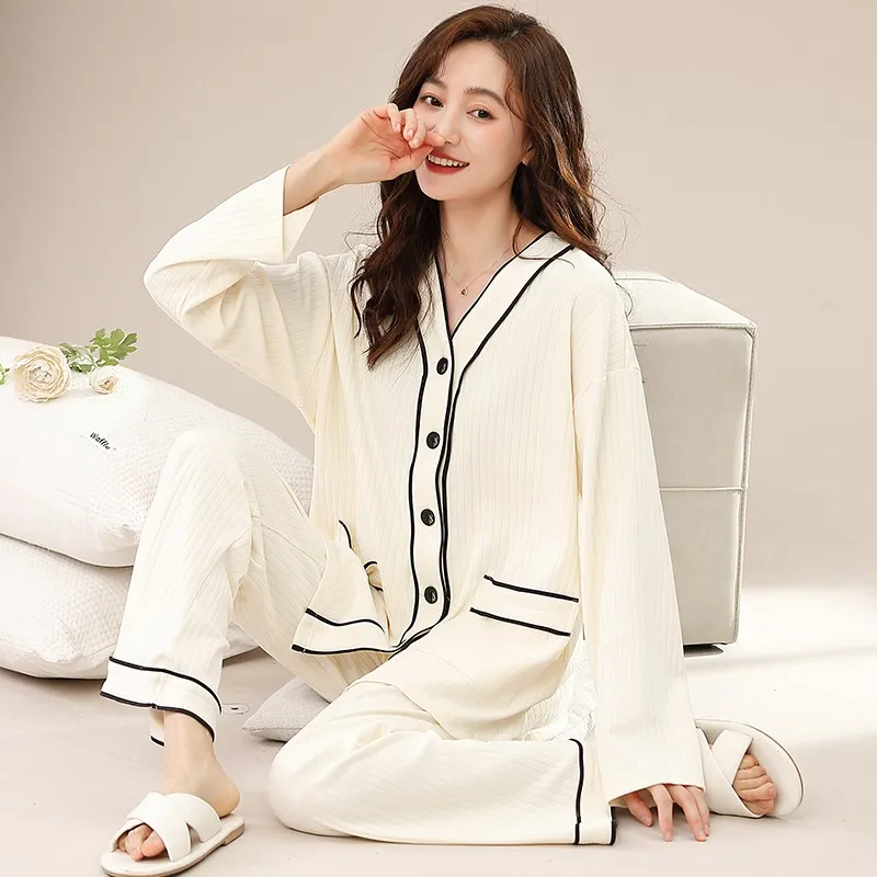 Cartoon Cute Cotton Pajamas Set for Women V Neck Kimono Nightwear M-3XL Pjs Pyjamas Mujer Female Young Girl Sleepwear Dropship