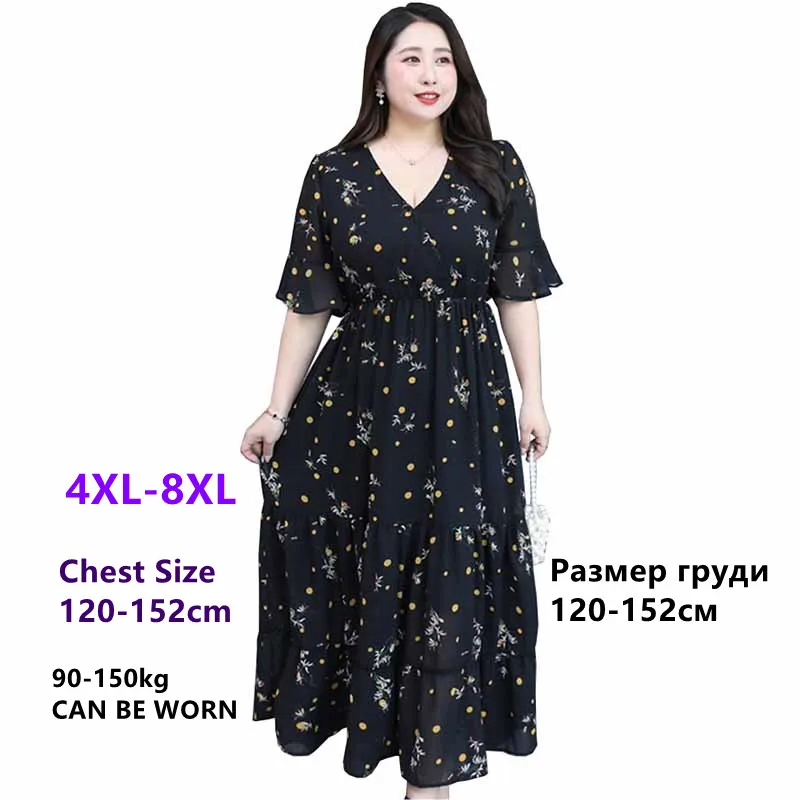 

2022 Fashion Oversized Women's Clothing Black Summer Print Chiffon Dress Short Sleeve Elastic Waist Long Pleated dresses JH175