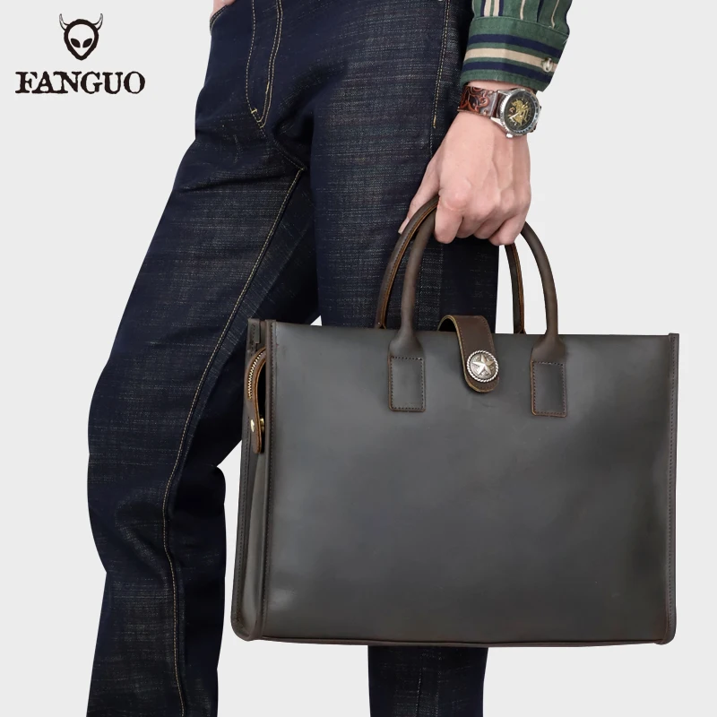 

2024 Luxury Brand Genuine Leather Handbag Men's Leather Retro 16 inchs Briefcase Head Cowhide Business Computer Bag