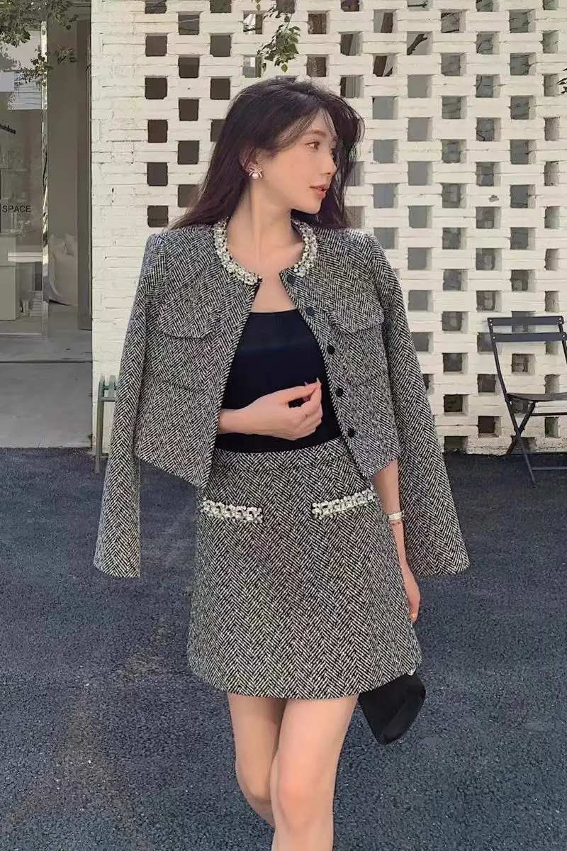 Novo blazer cinza de manga comprida e saia curta de cintura alta conjunto para mulheres senhora do escritório chique estilo clássico moda de alta qualidade