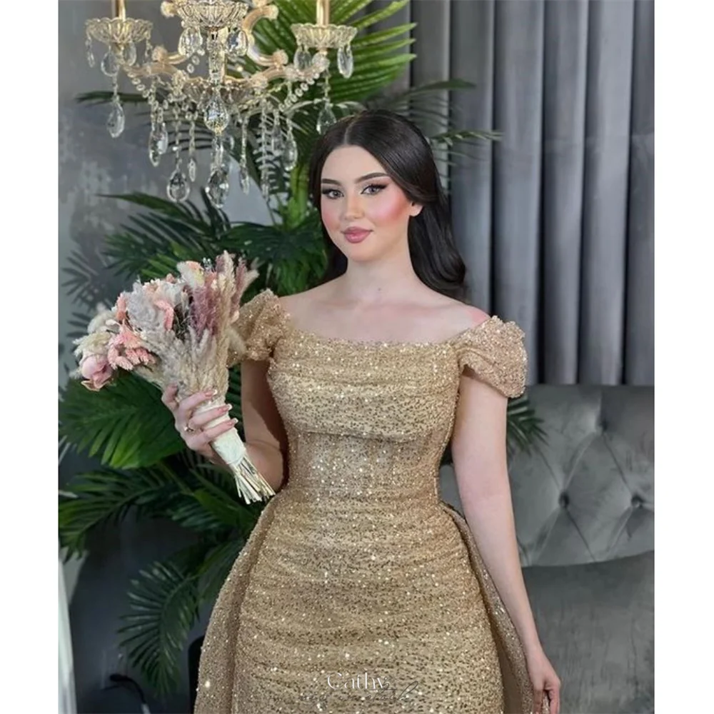 

Cathy Gold Glitter Mermaid Wedding Dresses Off the Shoulder vestidos de noche Elegant Detachable Train Customized Formal Evening